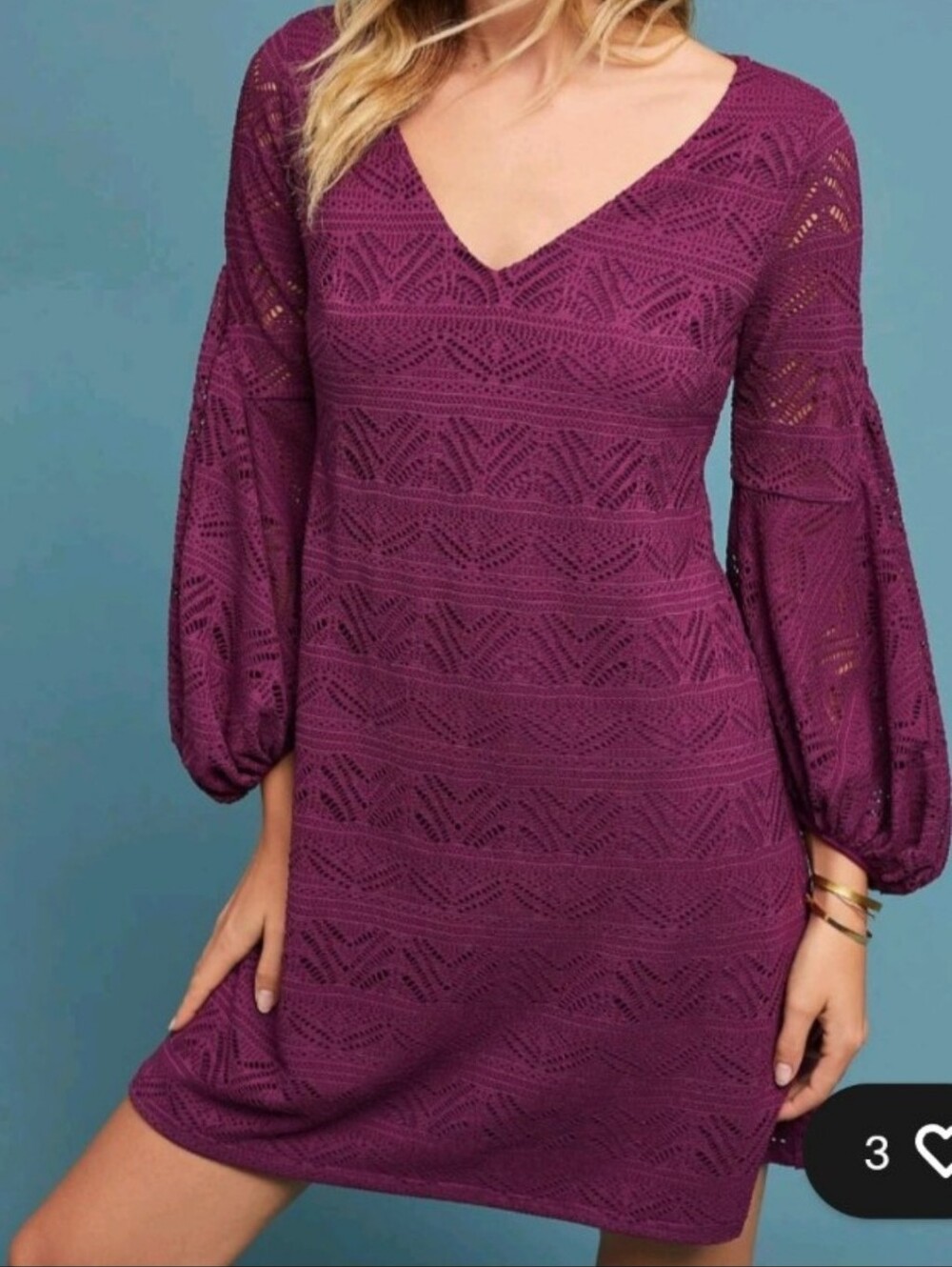 Anthropologie Maeve Plum Crochet V-Neck Balloon Sleeve Mini Dress Large P
